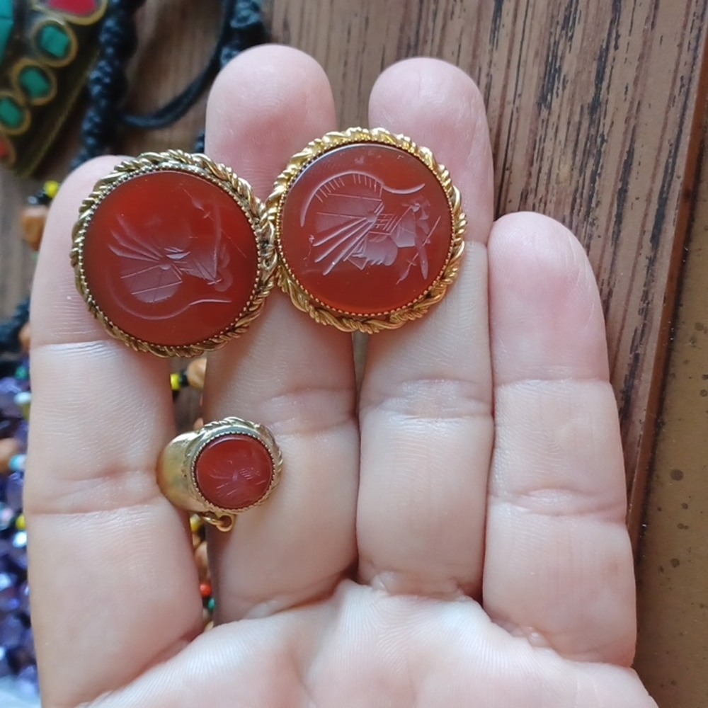 Vintage PRK Carved Carnelian Spartan Tie tac and Cufflinks, 12K gold filled